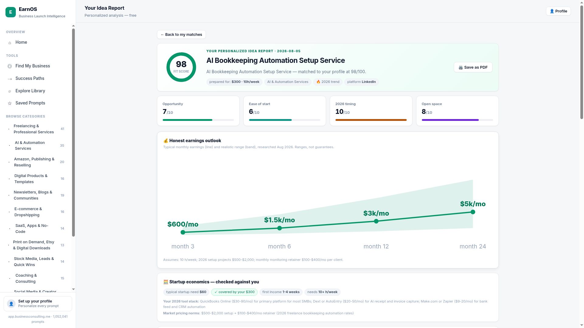 EarnOS personalized Idea Report with honest earnings chart